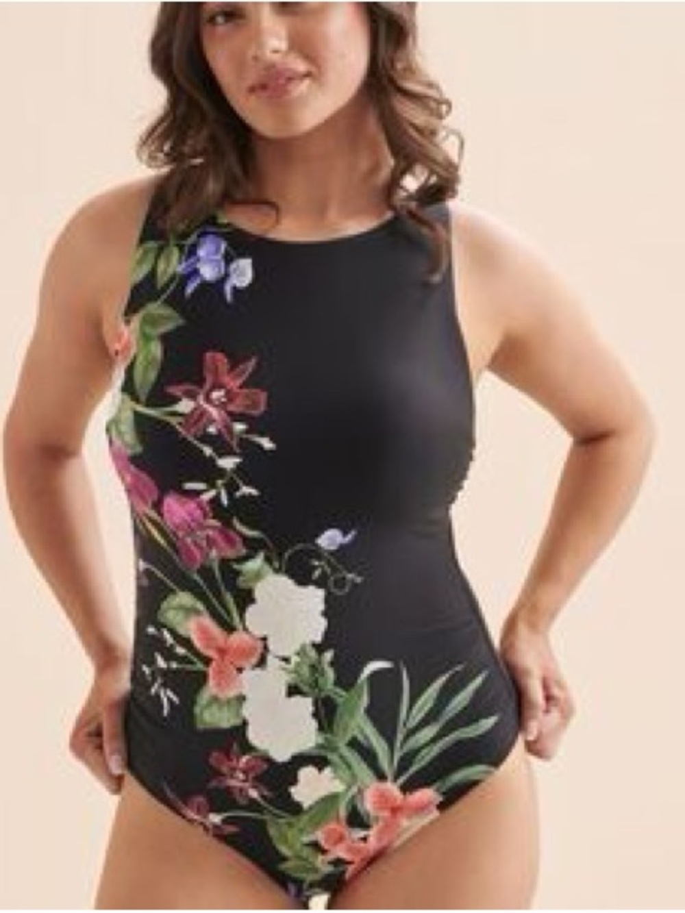NWT SIZE 14 Jantzen Black One-Piece Swimsuit with Multicolor Floral Side Print